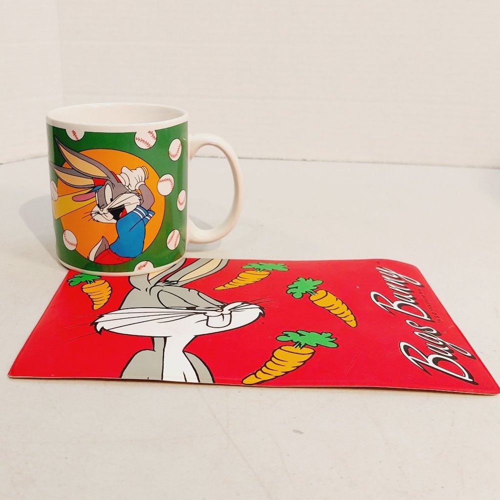 Vtg 1994 Looney Tunes Bugs Bunny Baseball Mug with Personal-size Mat Warner Bros